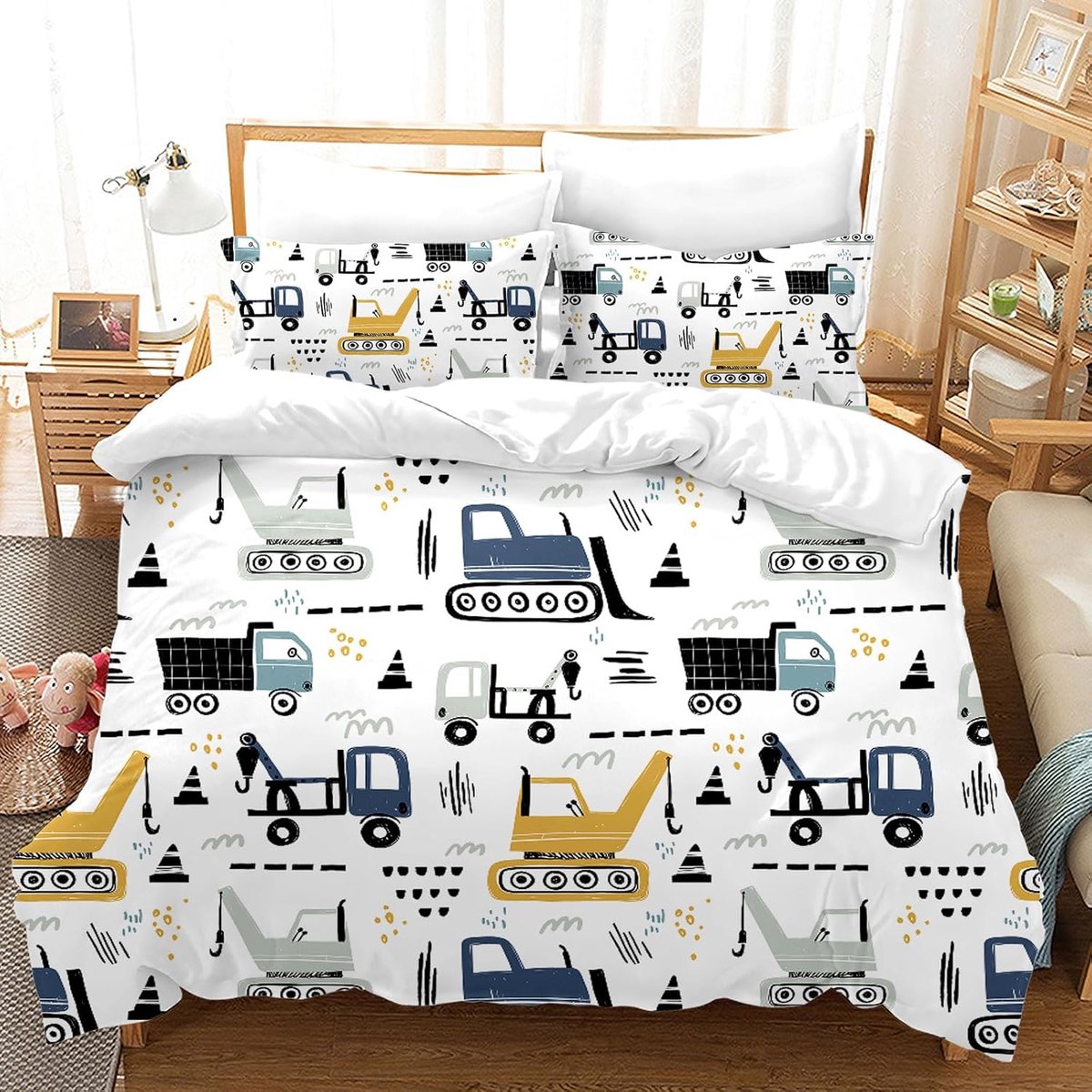 SnelShoppen - Kinderbedlinnen Set 135 x 200 cm - Graafmachine Tractor Auto Duvet Dekbedovertrek - 3D Print - Katoen voor Jongens en Meisjes met Kussen