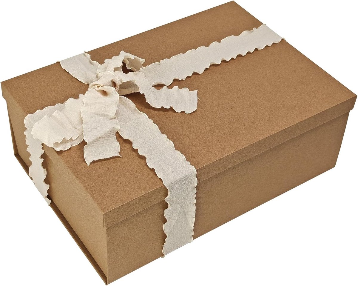 SnelShoppen - Grote Kraft Geschenkdoos 32 x 22 x 11 cm met Deksel en Lint, Premium Rechthoekige Geschenkverpakking voor Kerst, Bruiloft, Verjaardagsfe