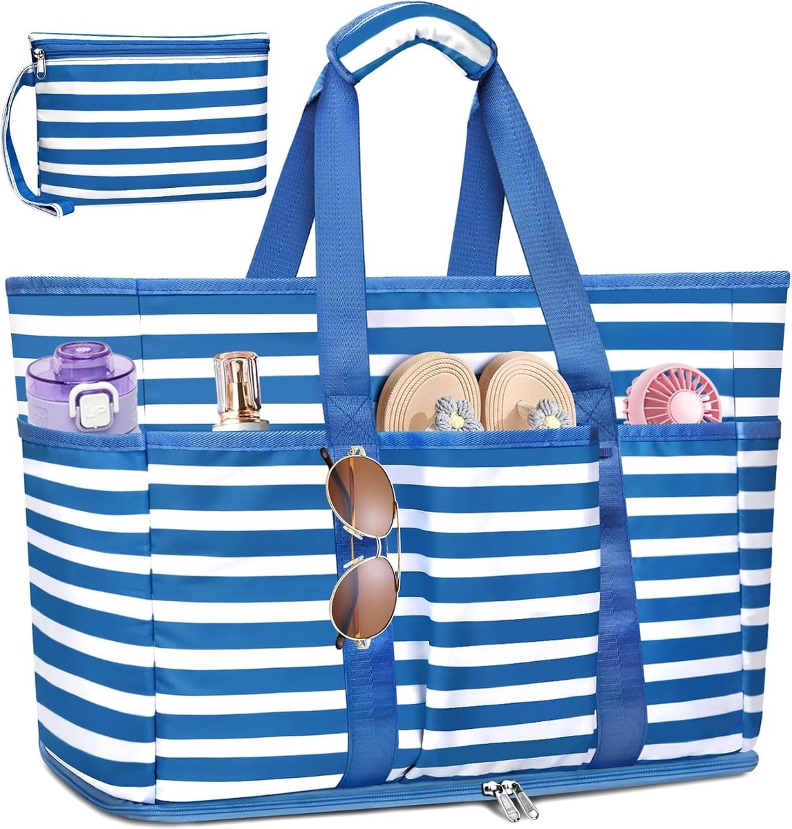 SnelShoppen - XXL Strandtas Lichtgewicht Waterdicht Mesh Met Rits - 45L Grote Strandtas voor Vakantie, Picnic, Shoppen, Donkerblauw