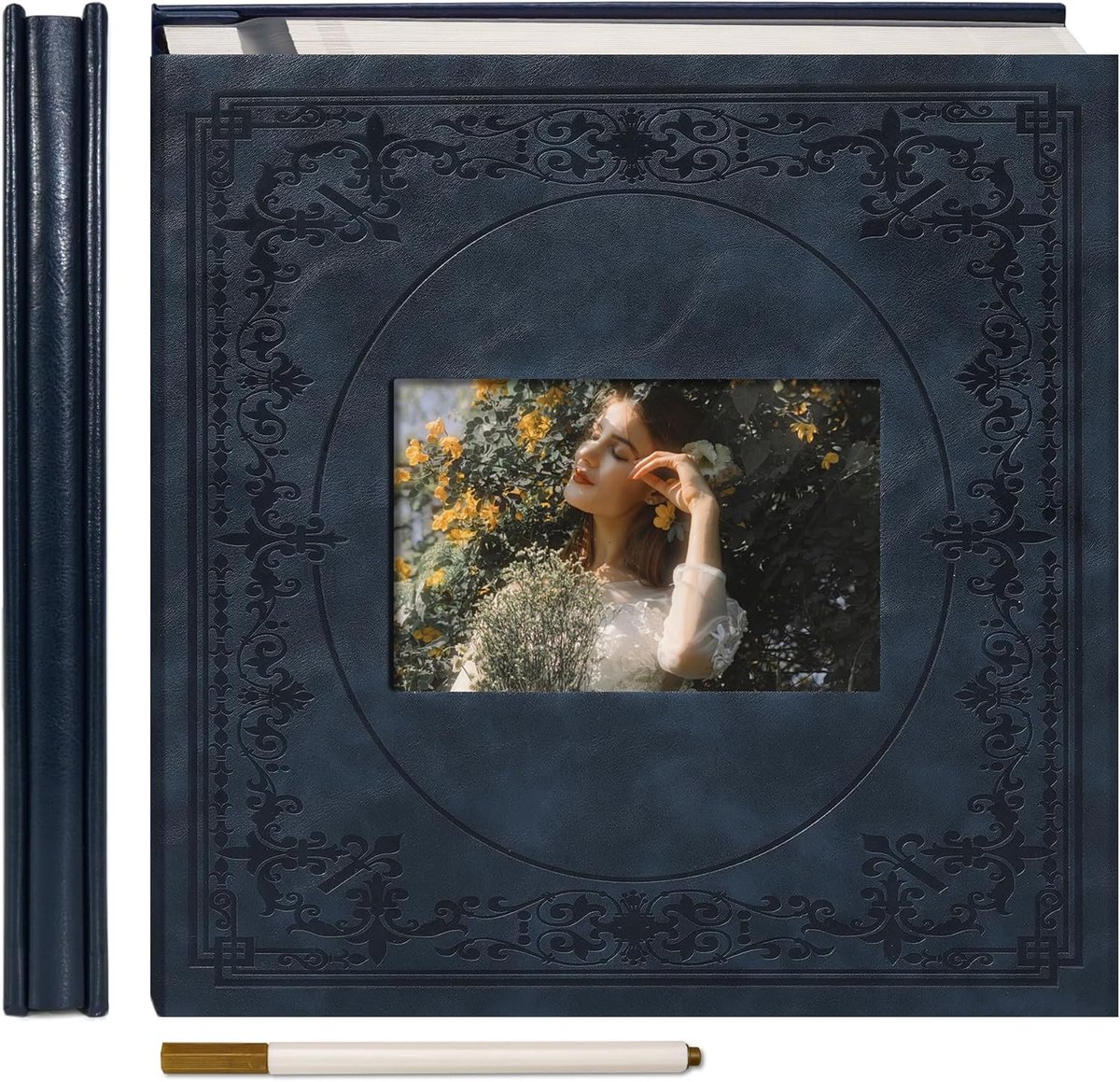 SnelShoppen - Vintage Foto Album Zelfklevend Kunstlederen Kaft Gegraveerd 60 Pagina's voor Baby, Kinderen, Bruiloft - Donkerblauw 28,2 x 27,5 cm