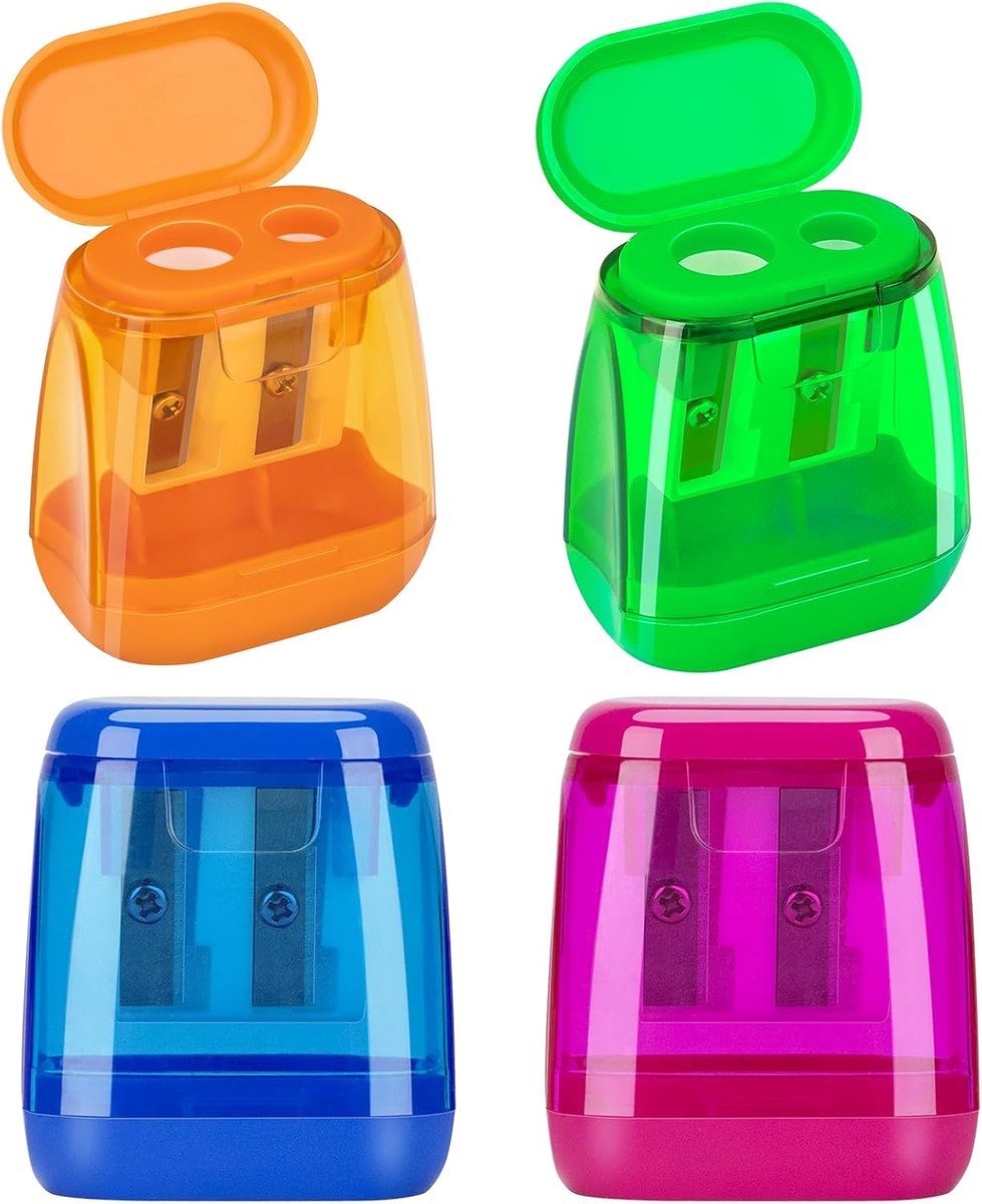 SnelShoppen - Pencil Sharpener Set met Container, 4 Stuks, Dubbele Gaten Puntenslijper voor Dikke en Dunne Potloden, Handheld Puntenslijper voor Kinde