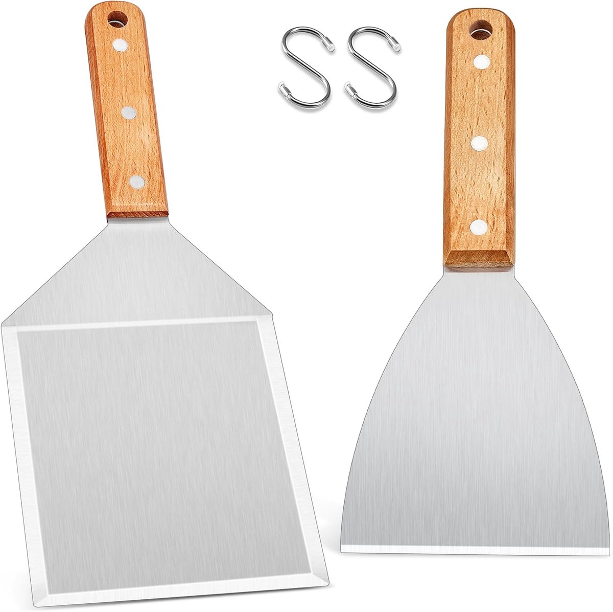 SnelShoppen - Grill Spatula Set van 2 Stuks RVS met Houten Handvat voor Smash Burgers, BBQ Grill, Gas Grill, Teppanyaki, Barbecue Accessoire, Keuken M
