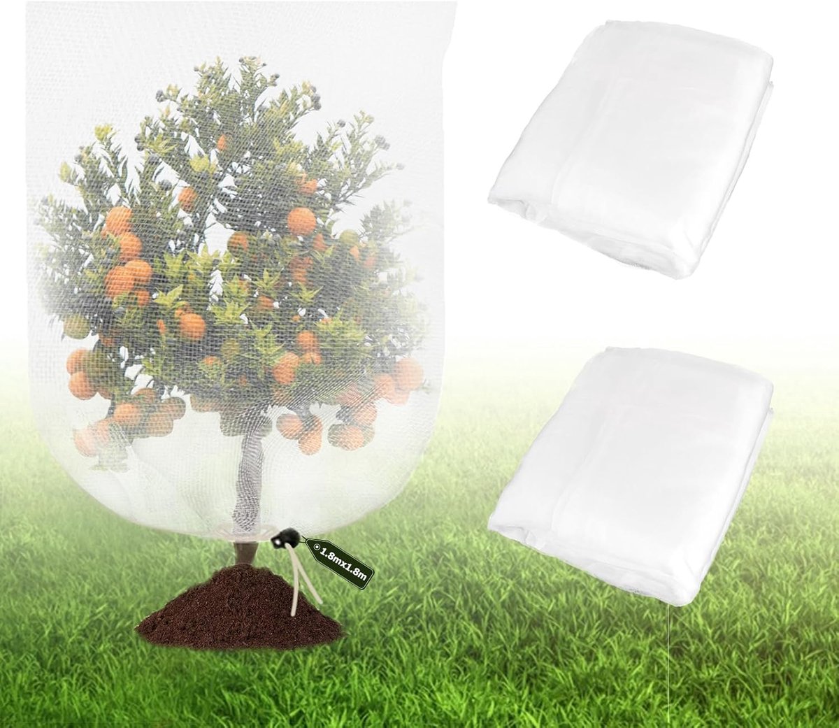 SnelShoppen - Set van 2 Plantbeschermingsnetten 1.8x1.8m Insectenwerend Net voor Fruitbomen en Tuin, Herbruikbaar met Fijn Gaas en Trekkoord, Vogelwer