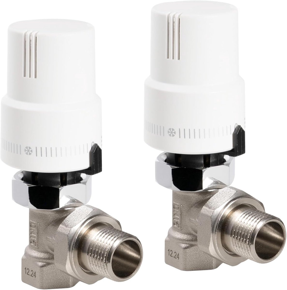 SnelShoppen - Radiator Thermostaatventiel Set van 2 voor Hoekige Aansluiting, Wit, Met Thermostaatkop, Vloeistofsensor, Vorstbescherming en Slot