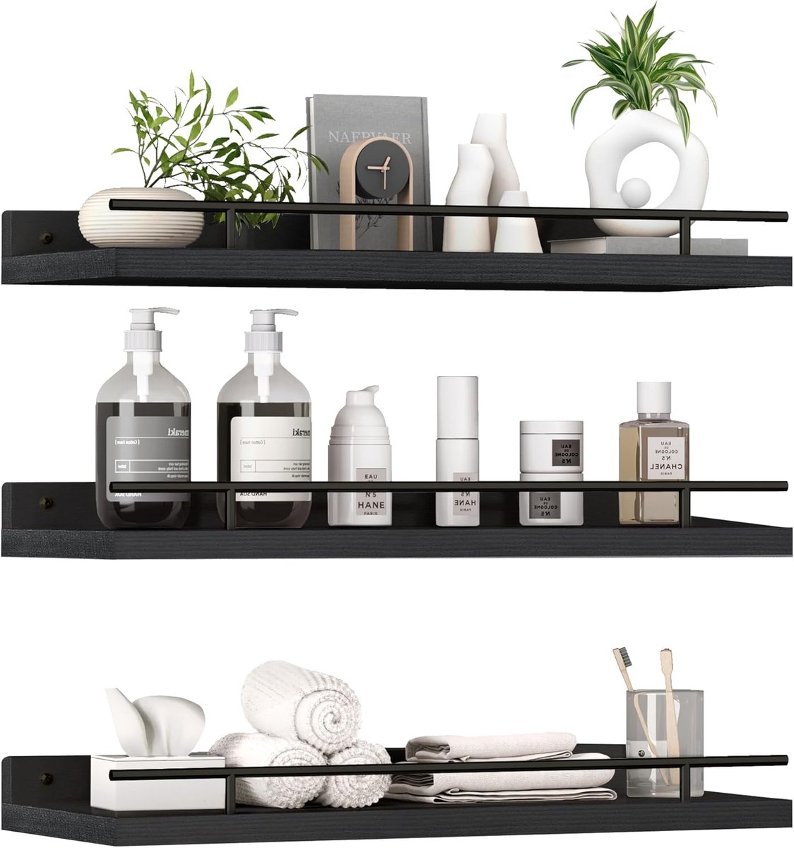 Thijox - Wandrek Zwart Hout Set van 3 - Keukenrek, Boekenrek, Wandplanken voor Muren - Badkamerrek voor Woonkamer, Slaapkamer of Kantoor