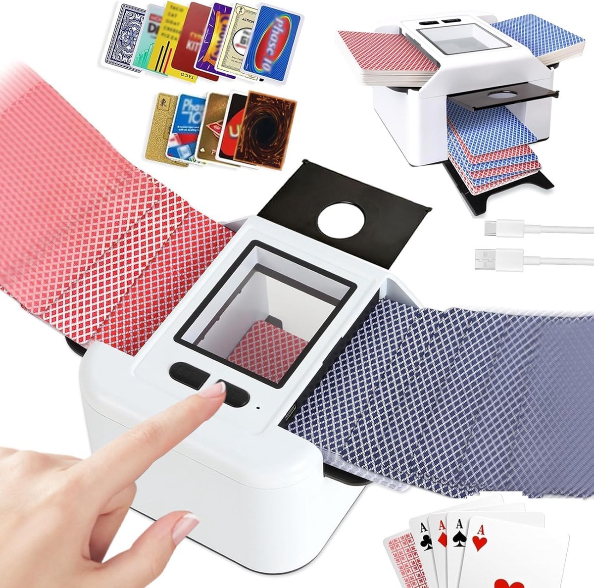 SnelShoppen - Automatische Kaartenmixer Elektrisch voor Poker, UNO, Blackjack, Draagbaar, Stil, Oplaadbaar 2000 mAh, Handmatige en Automatische Modus,