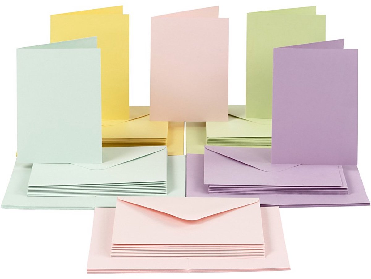 SnelShoppen - 50 Postkaarten en Enveloppen Set, 10.5x15 cm, Pastel Kleuren, Dikke Cardboard, Perfect voor Feestjes, Verjaardagen en Creatieve Projecte