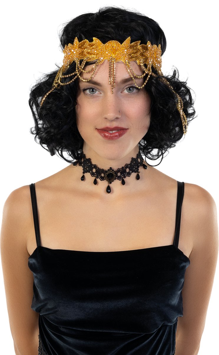 KIMU® Hoofdband Strass Goud Breed - Roaring 20's Steentjes Kristal Haarband - Flapper Charleston Verkleedaccessoire Twenties Hoofd Band Festival