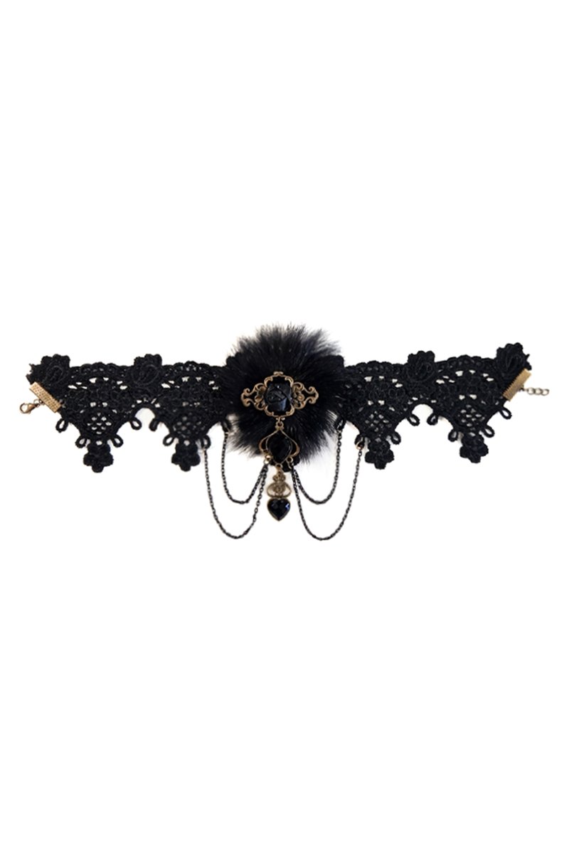 KIMU® Choker Zwart Kant Met Kraaltjes, Dons En Kettinkjes 12 - Collar Ketting Victoriaans Sexy Zwarte Festival