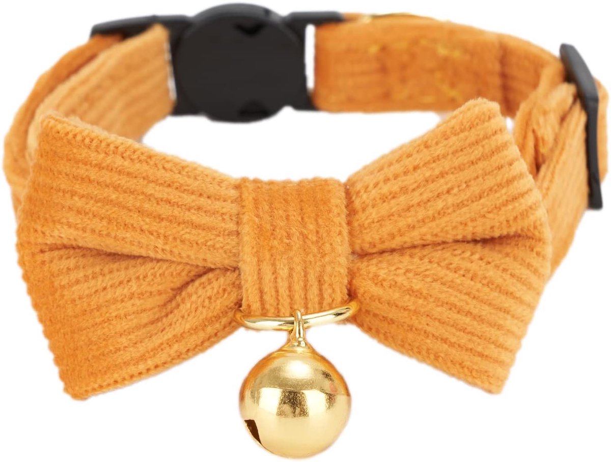 SnelShoppen - Ultra-zachte katoenen kattenhalsband voor gevoelige huid, corduroy, lichtgewicht, snel loslatend, met afneembare strik, oranje, 1 stuk