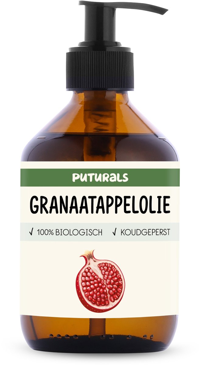 Puturals Granaatappelolie 100% Biologisch - 300ml - Koudgeperst en Puur - Granaatappelolie voor Huid, Haar, Gezicht en Lichaam - Rijk aan Antioxidanten - Bruine Glazen Fles + Pomp