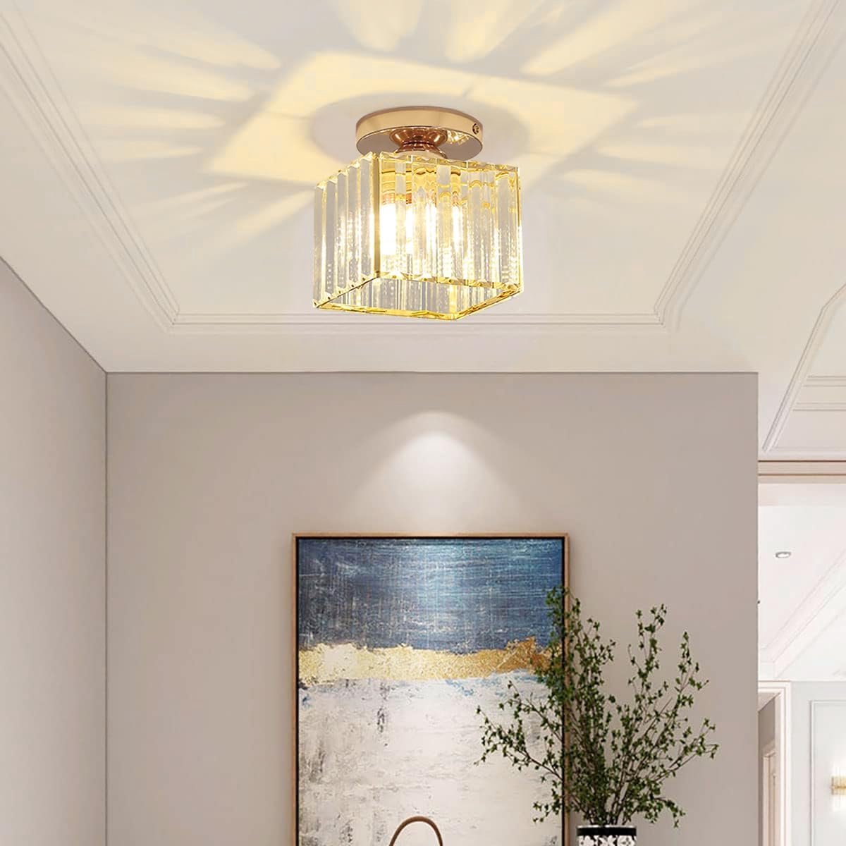 SnelShoppen - Modern Crystal Ceiling Lamp - Mini Gouden Crystal Plafondlamp E27 - Vierkante Lampenkap - Luxe Chandelier voor Hal, Keuken, Slaapkamer,