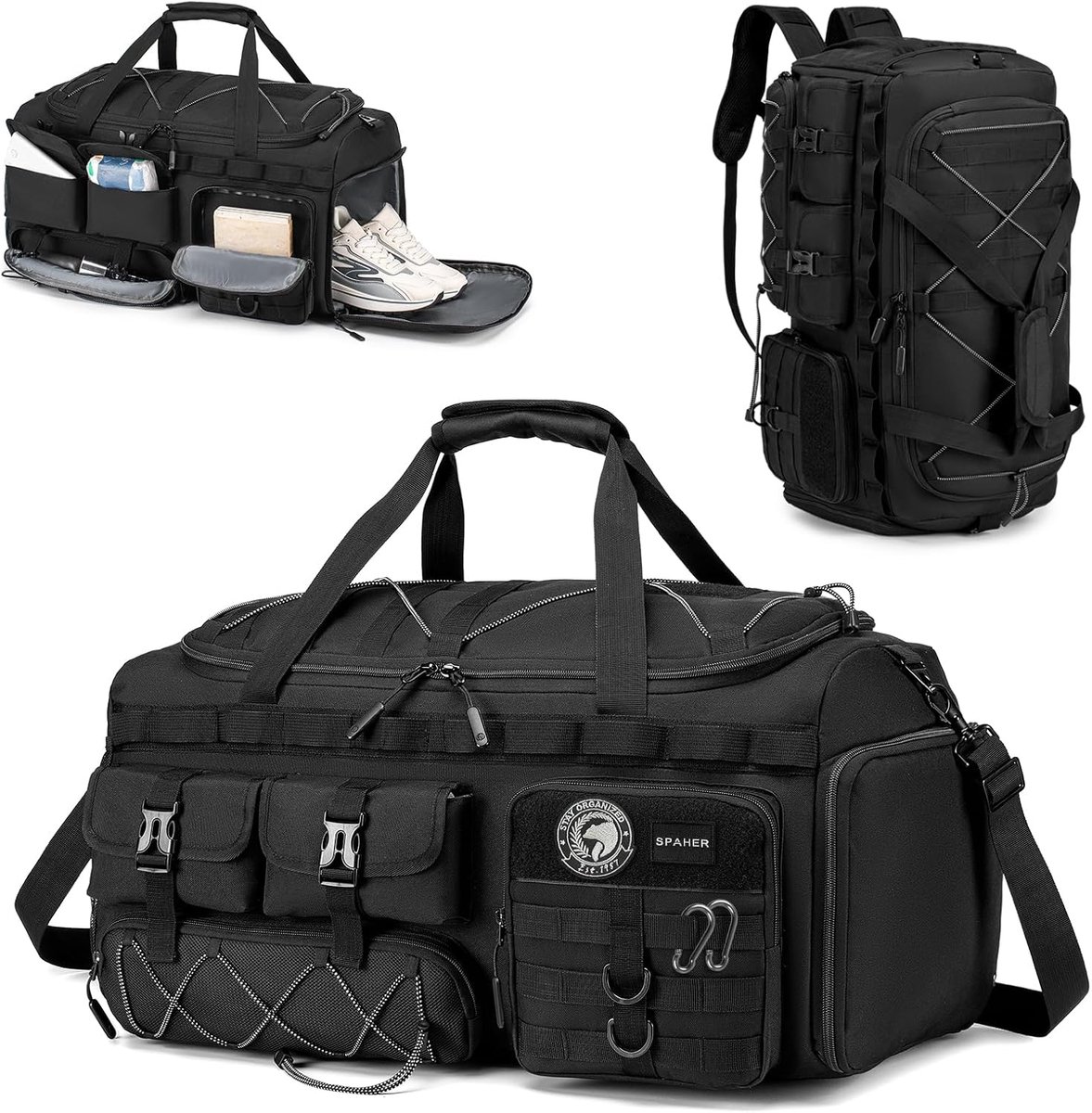 SnelShoppen - Grote Sporttas 60L 3-in-1 Reis- en Rugzak voor Mannen, Waterafstotende Oxford, Tactische Stijl, Schoenvak & Natte Zakken, Perfect voor S