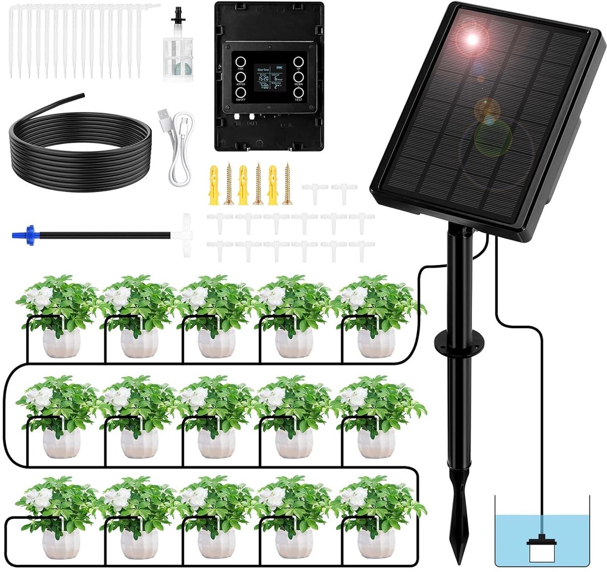 SnelShoppen - Solar Irrigation System - Automatisch Wateringsysteem voor 15 Planten - DIY Drip Irrigation Kit met Timer + 10M Tuinslang voor Tuin/Balk