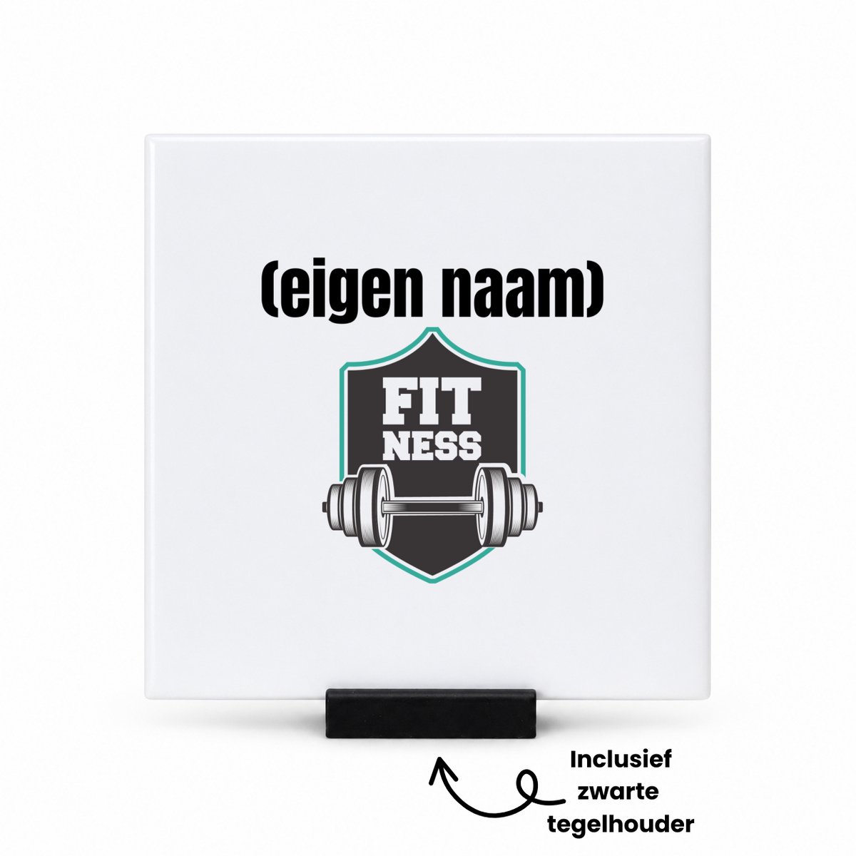 Hacebo fitness logo dumbbells met eigen naam tegeltje met tegelhouder - Fitness - atleten/sport liefhebbers - tegeltjes met tekst - sport - fitness - dumbbells - verjaardag - cadeau - kado - spreuktegels - 10.8x10.8 CM Wit