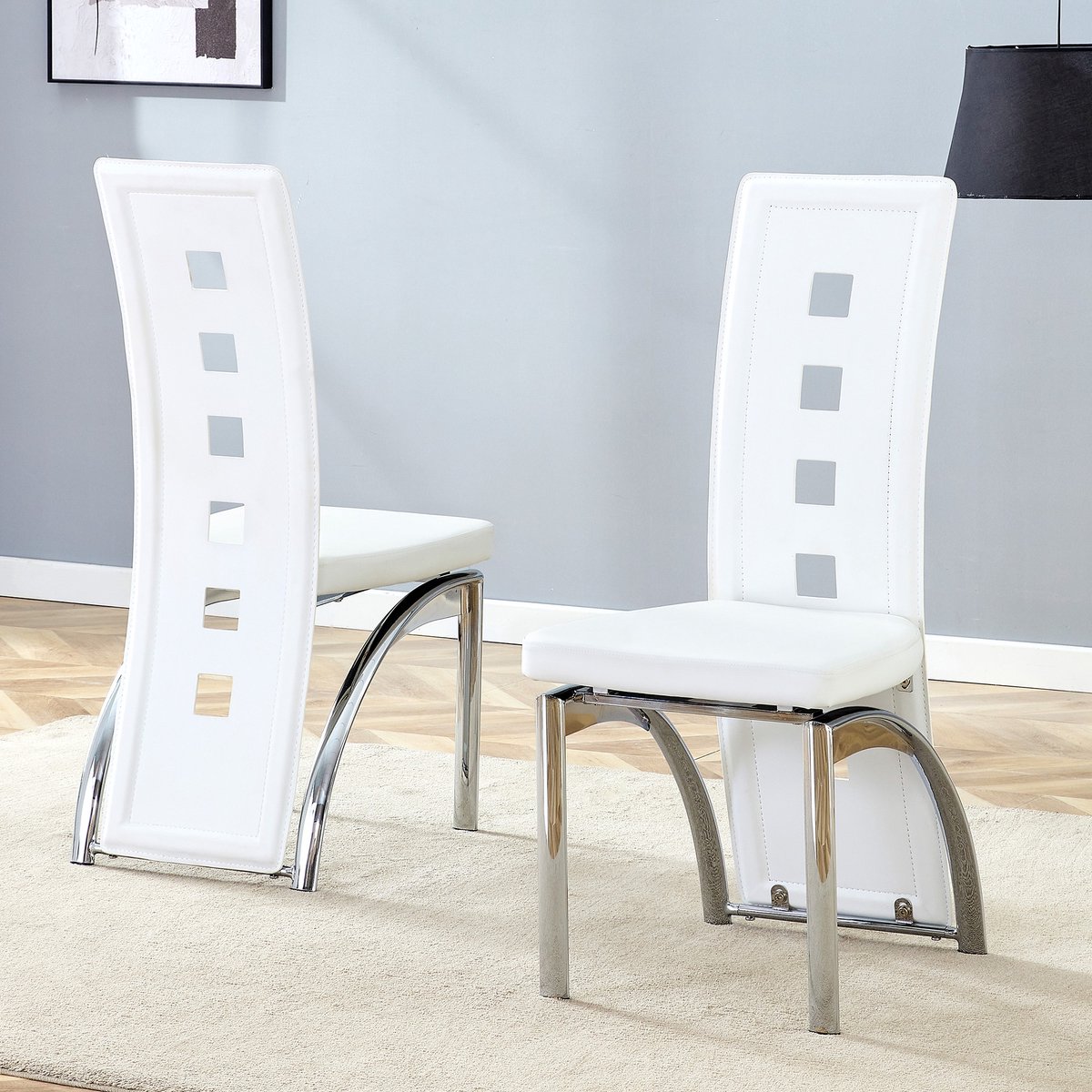 COVREO Eetkamerstoel set van 2 102,5 cm - wit kunstleer, zilverkleurige metalen poten