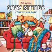 Kleurboek omslag: Jade Summer Cozy Kitties, met een rode bank vol schattige kittens, bolletjes wol en een gebreide deken.