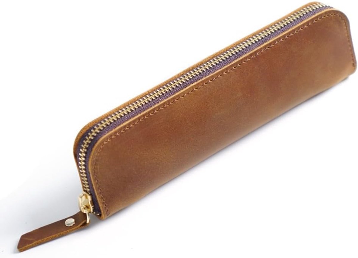 SnelShoppen - Vintage Leren Pennen Etui, Retro Pennenhouder met Rits voor Balpen, Vulpen en Kwasten, Bruin, 4 Penlussen, Perfect voor Thuis en Op Kant