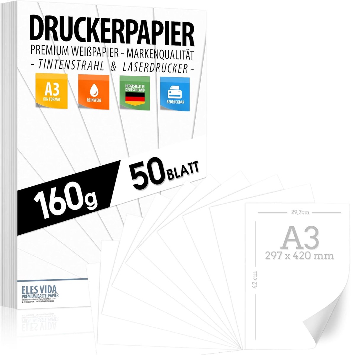 SnelShoppen - A3 Printerpapier 50 Vellen 160 g Wit Premium Papier - Perfect voor Fotografie, Presentaties, Creatief Werk, Posters en Kaarten - 29,7 x