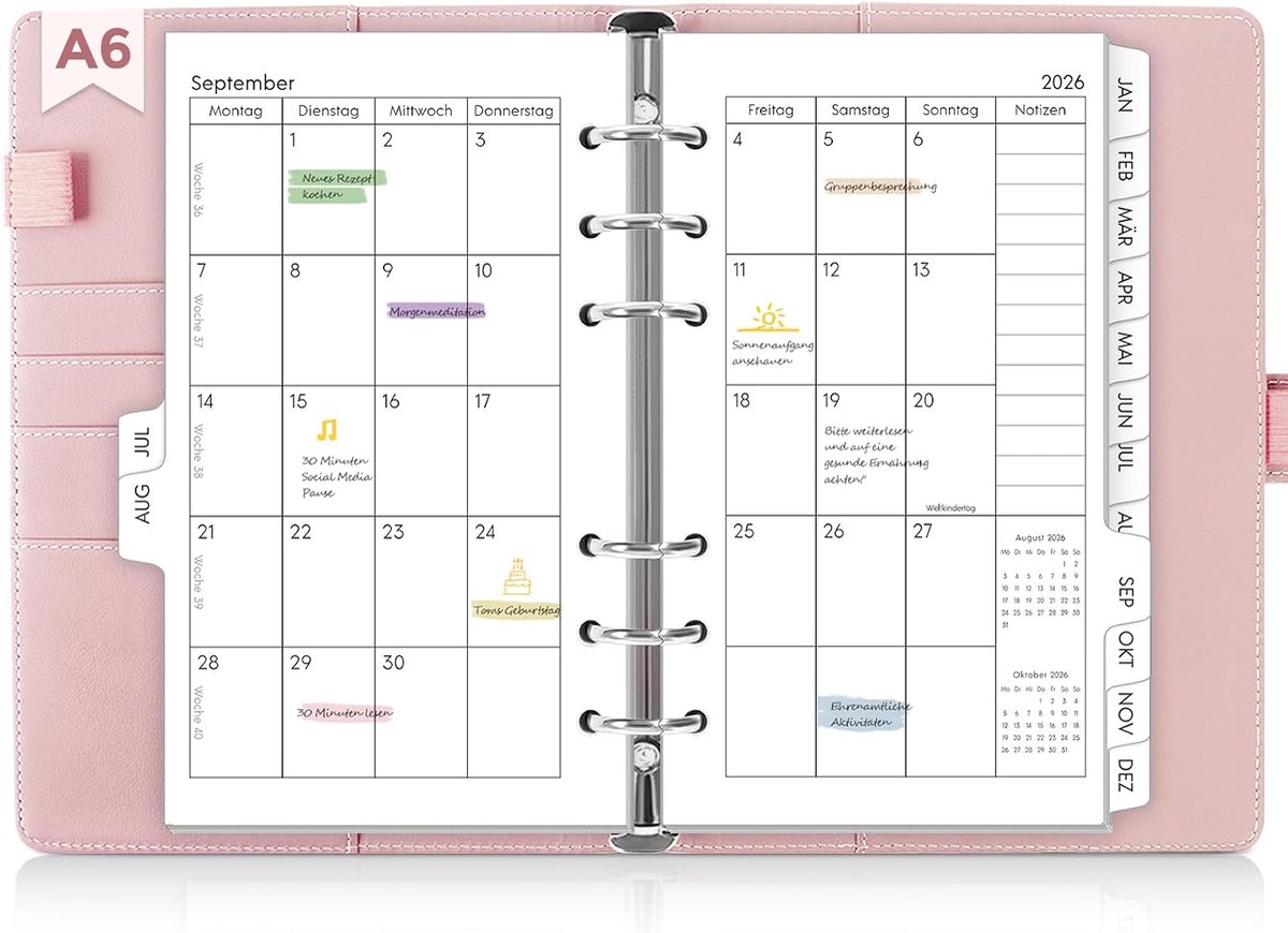 SnelShoppen - A6 Kalender Ringband 2026-2027 - Herbruikbaar van Juli 2026 tot December 2027 - Perfect voor Studenten en Professionals - Roze - 18 Maan