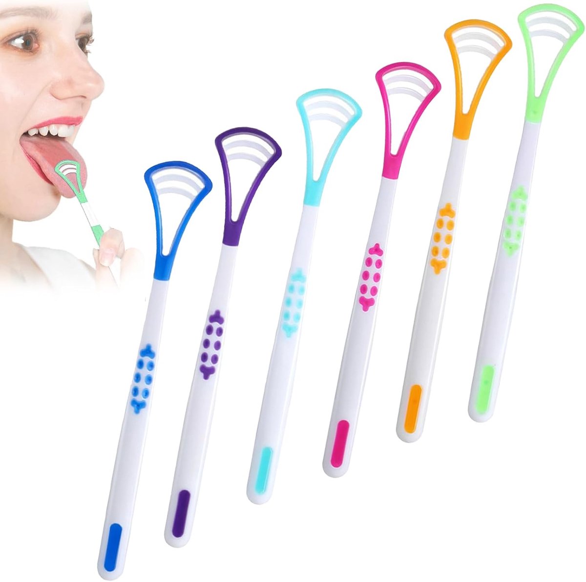 SnelShoppen - 6 Pcs 2-IN-1 Tongue Scraper en Tongue Brush Set voor Volwassenen en Kinderen, Effectieve Tongue Cleaner voor Frisse Adem en Mondhygiëne,