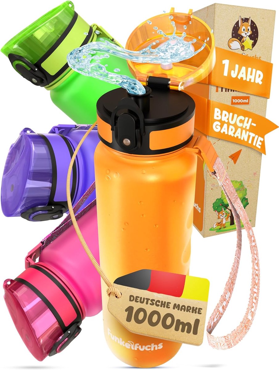 SnelShoppen - Funkelfuchs Drinkfles 1000 ml Oranje, Lekvrij, Siliconen Dichtingen, Ideaal voor Sport, Camping, Kantoor en Kinderen