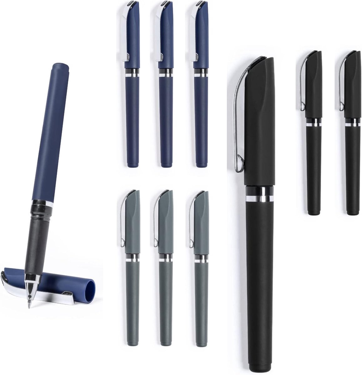 SnelShoppen - Rollerball Pen, Ballpoint Pen met Jumbo Navulling, 3 x Blauw, Grijs, Zwart, Rubber ABS Case voor Kantoor, Commerciële Praktijk