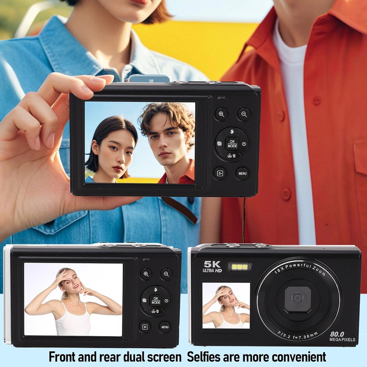 SnelShoppen - 5K 80MP Digitale Camera met 18x Zoom, Auto Focus, Dual Display, Flash en Kaart - Vlogging Camera Zwart voor Feesten, Camping, en Kindere thumbnail 2