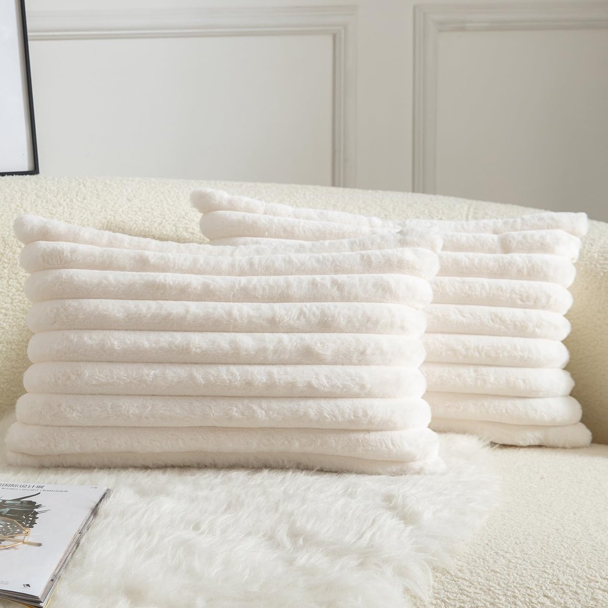 SnelShoppen - Set van 2 Kussenhoezen, Gestreept Faux Fur Super Zacht Kussen Fluffy Modern Kussenhoes Decoratie voor Bank Woonkamer Slaapkamer 30 x 50