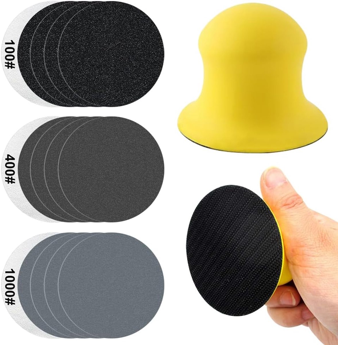 Thijox - Nat-droog handschuurblok met Klittenband, Handschuurblok voor Jesmonite, Beton en Terrazzo, Inclusief 5 Schuurpapieren 100/400/1000 Grit voor