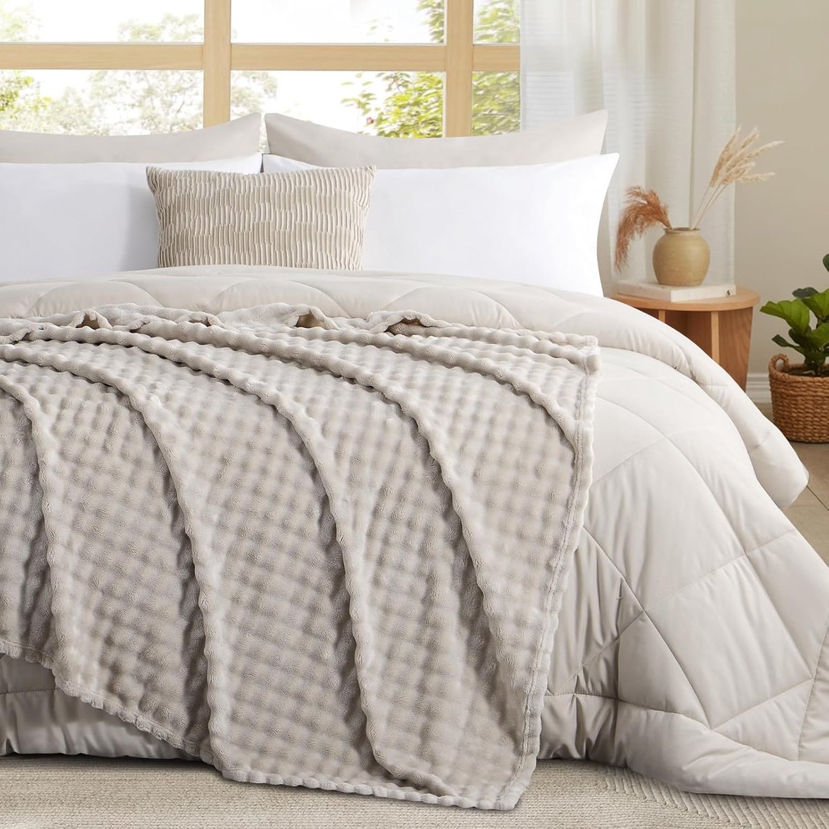 SnelShoppen - Ultra Soft Bubble Fleece Dekentje 220x240cm – Warm en Zacht Plaid voor Bank, Bed en Reizen, Oeko-TEX Beige, Voor Alle Seizoenen