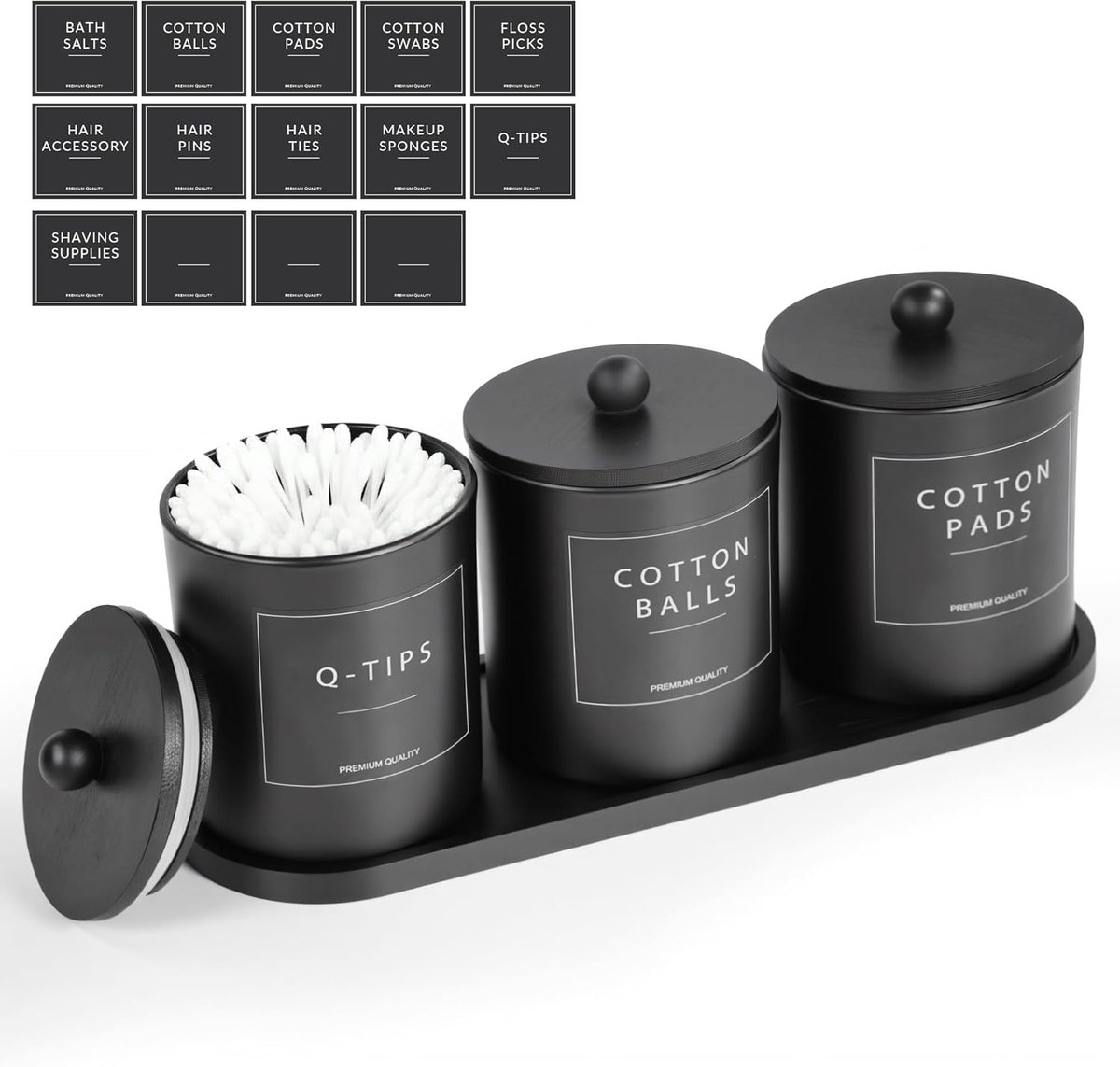 SnelShoppen - 3 Pack Houders voor Wattenstaafjes en Bollen - Glazen Apothekerspotten met Bamboe Deksel, Organizers voor Badkamer met Labels - Matt Zwa