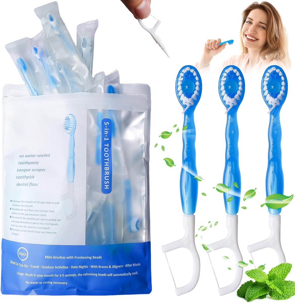 SnelShoppen - 26-delige Reis Tandenborstelset: Mini Tandenborstels met Tandzijde en Tandenstoker, 5-in-1 Tandenborstels met Tandpasta, Wegwerptandenbo