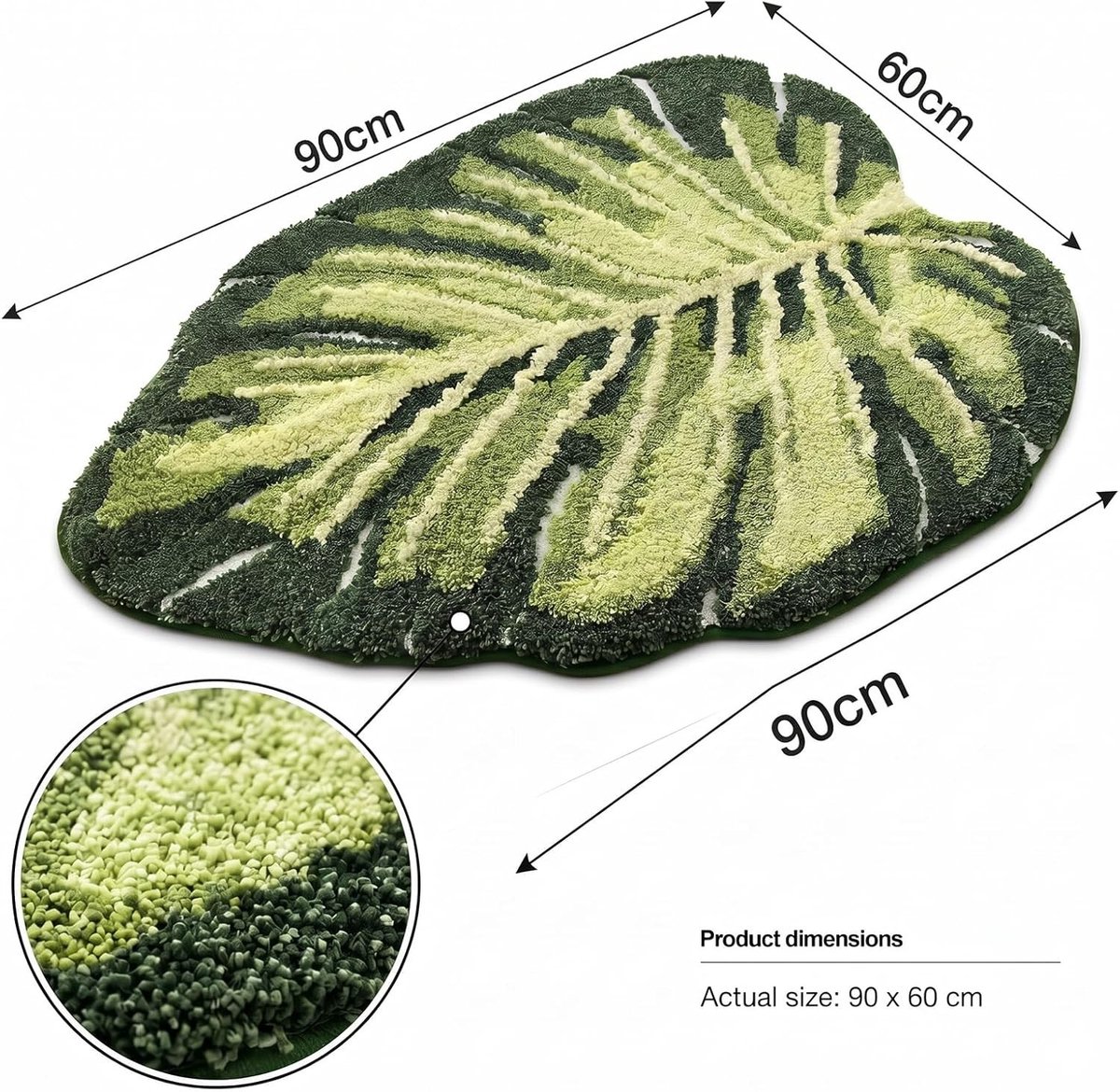 Badkamertapijt 60 x 90 cm in groen met Monstera-plantenpatroon, antislip en wasbaar, zachte en absorberende douchemat voor optimale veiligheid en comfort