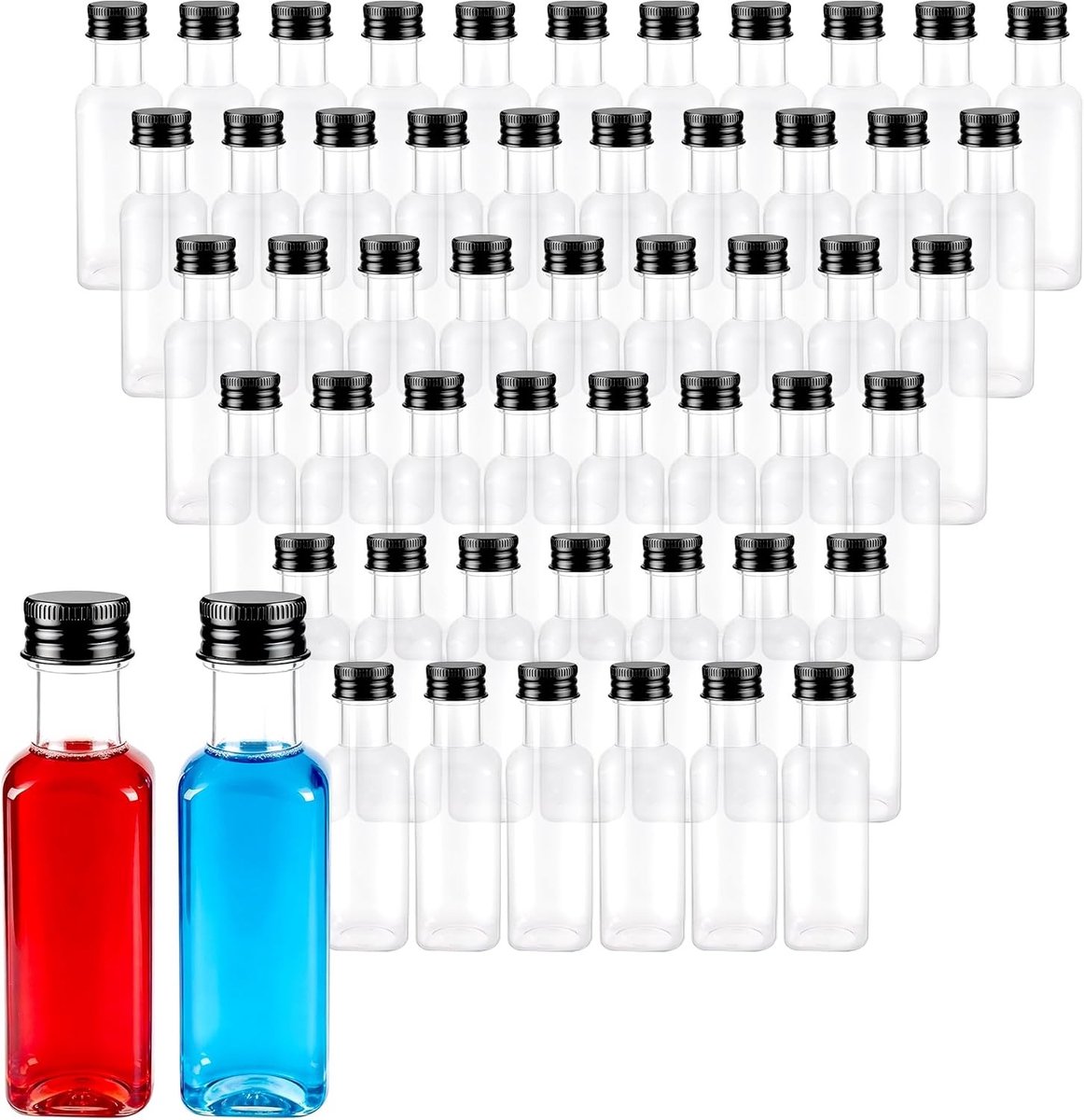 Kleine plastic flessen met deksels - 50 ml miniatuur alcoholflessen voor bruiloften, feesten en thuisgebruik - 50 stuks
