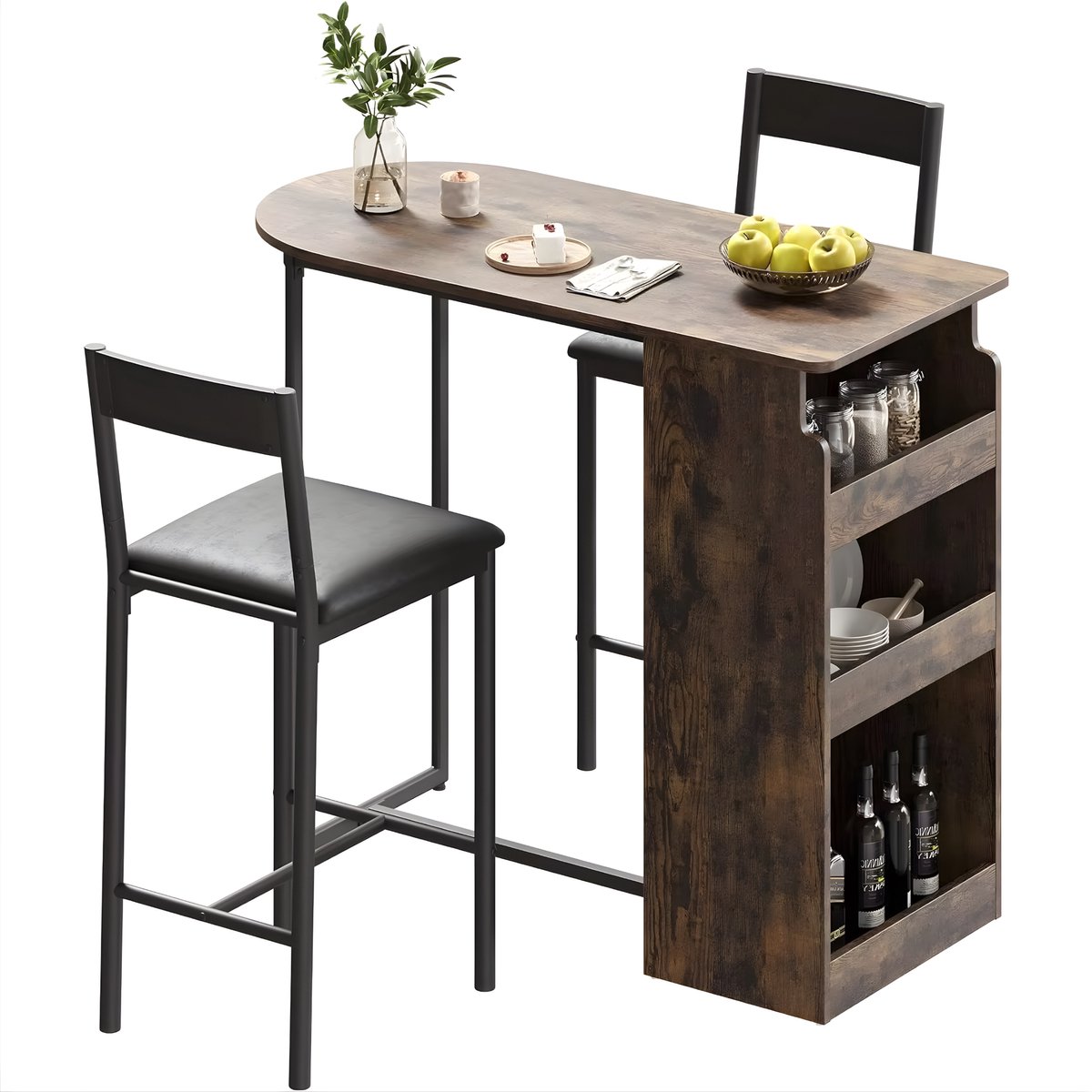 Keuken bar tafel met 2 stoelen - Compacte eettafelset met geïntegreerde opbergplanken - Bruin kleur, 400x400 cm