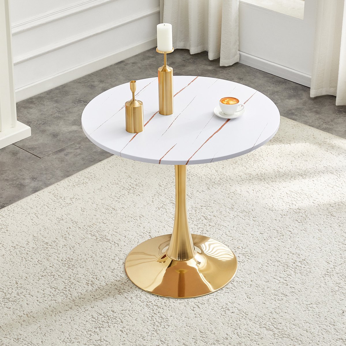 FloraGrace Eettafel - Ronde Tafel In Tulpendesign Met Metalen Voet - Voor Keuken En Woonkamer - MDF En Metaal - 80x80x76 Cm - Wit Goud