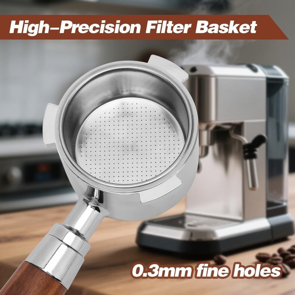 Filterhouder zonder basis, 51 mm, geschikt voor DeLonghi Dedica EC680/EC685/EC885, koffiefilterhouder met 3 oren, houten handvat en RVS filtermandje voor perfecte espresso