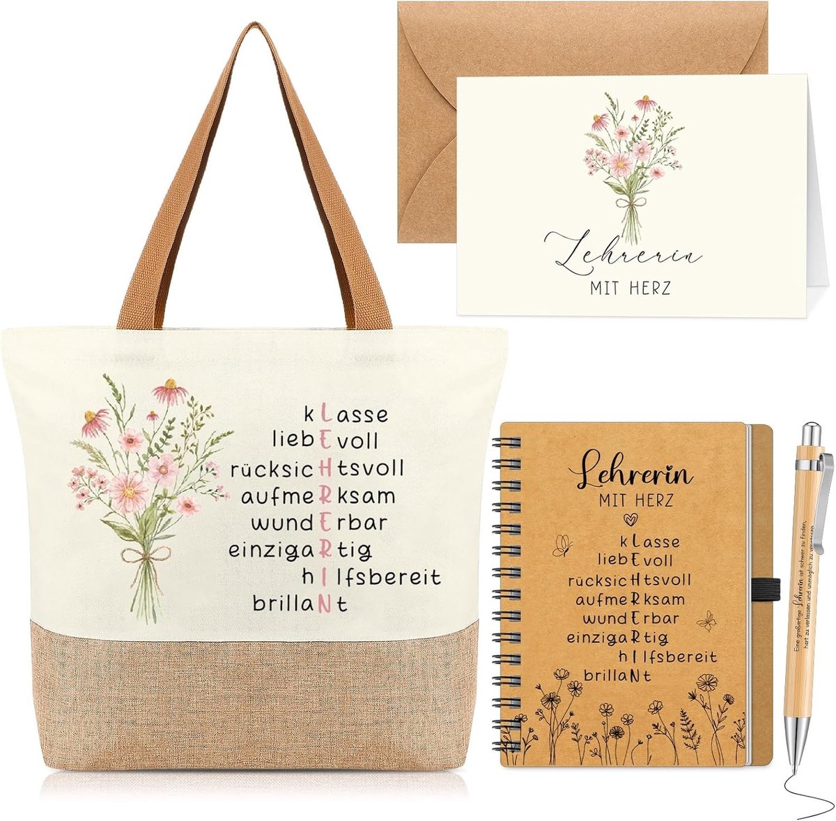 5 Stuks Bedankcadeautjes Voor Leraren - Grappige Jute Boodschappentassen, Spiraalblok, Balpennen en Bedankkaartjes voor Verjaardagen, Afscheid en Kerstmis