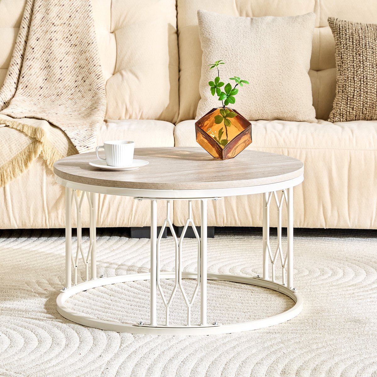 FloraGrace Salontafel - Ronde Houtlook Met Geometrisch Metalen Frame - Voor Woonkamer En Zithoek - MDF En Metaal - 70x70x40,5 Cm - Wit