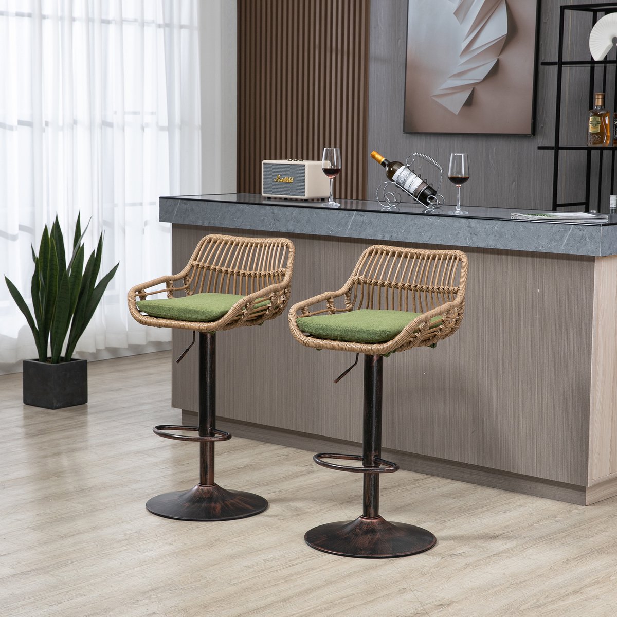 DESMIU Barkruk 49 X 48 X 89-109 Cm - 360 Graden Draaibaar En Hoogteverstelbaar - Voor Keuken Eetkamer En Bar - Rotan En Metaal - Groen