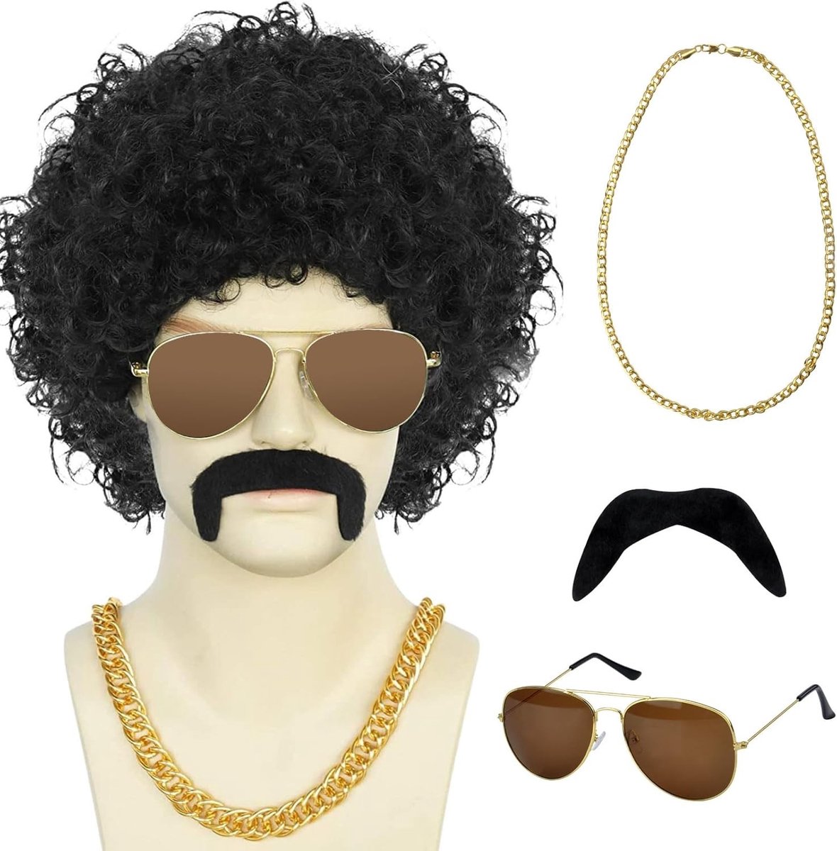 Afro Perücke voor Mannen en Vrouwen - 70s en 80s Disco Kostuum met Snor en Carnaval Accessoires voor Feestjes en Halloween
