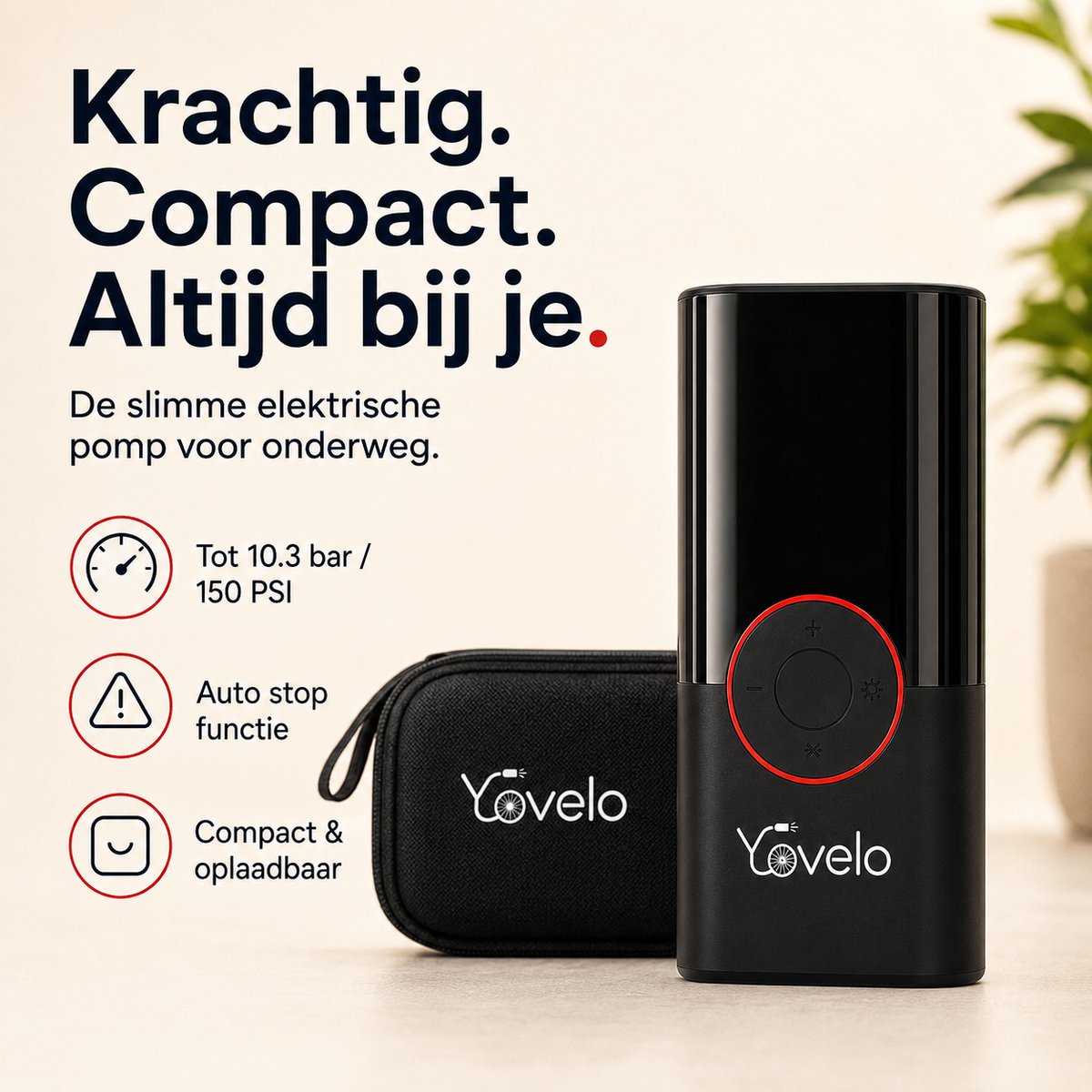 Yovelo® Elektrische Fietspomp & Bandenpomp Auto – Draagbare Mini Compressor 150 PSI – Draadloos Oplaadbaar USB-C – Digitale Drukmeter met Auto Stop – incl. 5 Opzetstukken & Opbergtas thumbnail 3