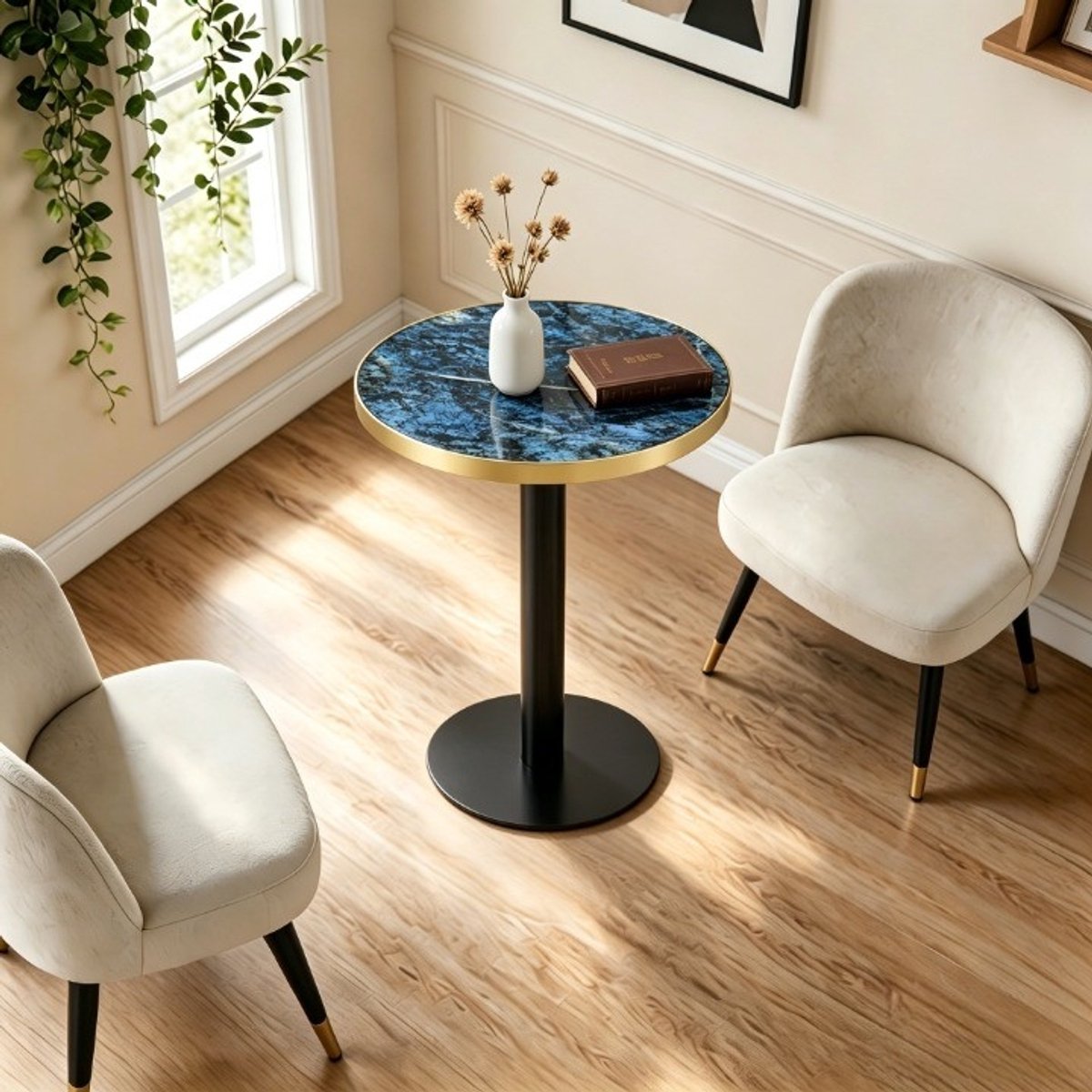FloraGrace Bijzettafel - Ronde Marmerlook Tafel Met Gouden Rand - Voor Woonkamer Slaapkamer En Balkon - MDF En Metaal - 60x60x73,7 Cm - Blauw