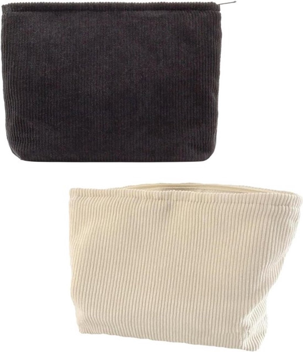 2 Stuks Toilettas & Make-uptas van Corduroy – Grote Reistas voor Dames en Meisjes – Zwart en Wit