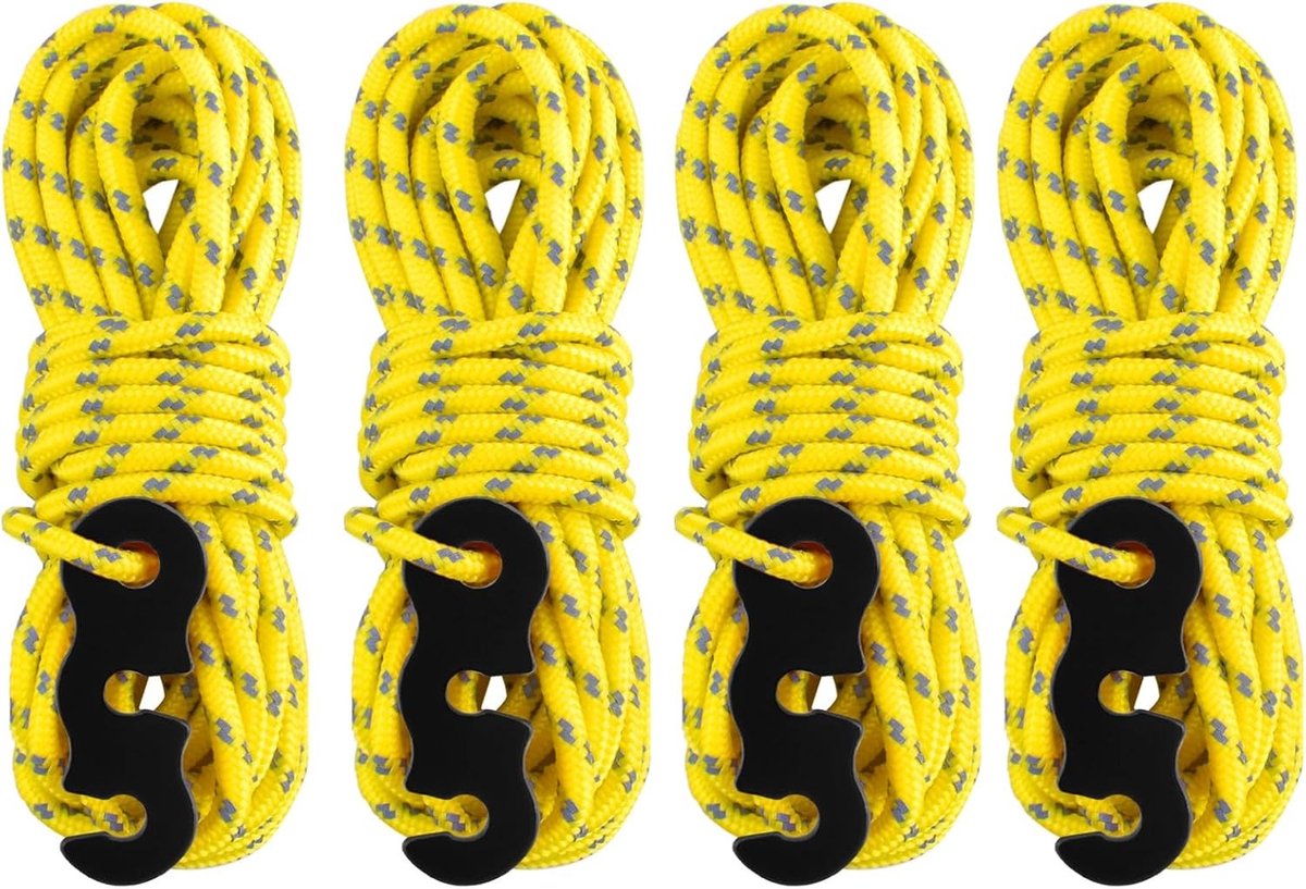 Reflecterende Guy Ropes met Kabelspanner, 400 cm Paracord Touw voor Tent, Tarp en Kamperen, Ideaal voor Hiking en Outdoor Activiteiten (Geel, 4 Stuks)