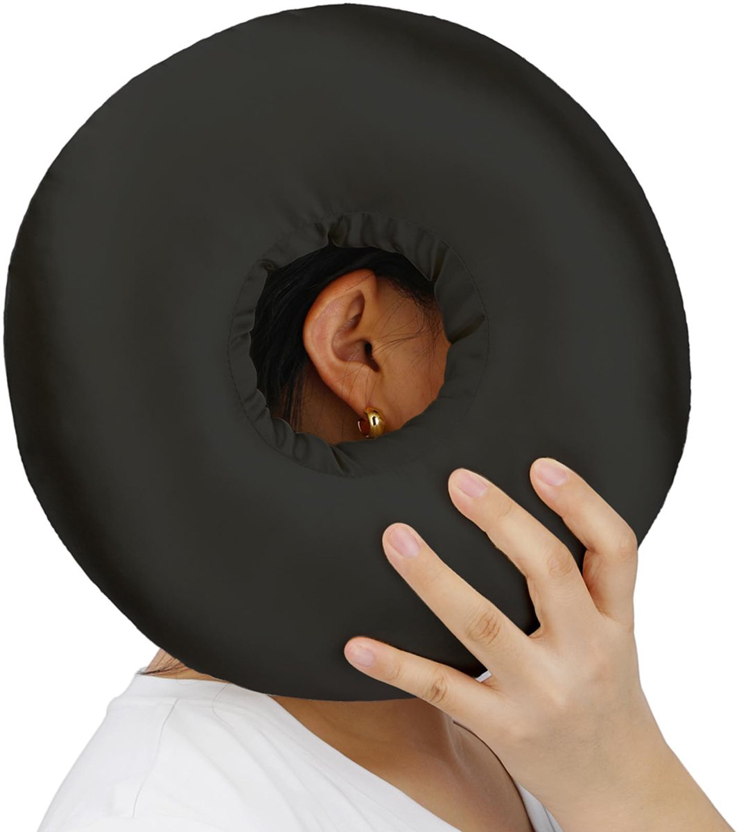 Kussen voor oorpiercing - Met oorpiercing-ontwerp - Ontworpen voor ouderen en patiënten - Zijligkussen - Voorkomt druk op de oren - Biedt nekondersteuning - 30*30*9 cm - Satijn + PP-katoen - Zwart