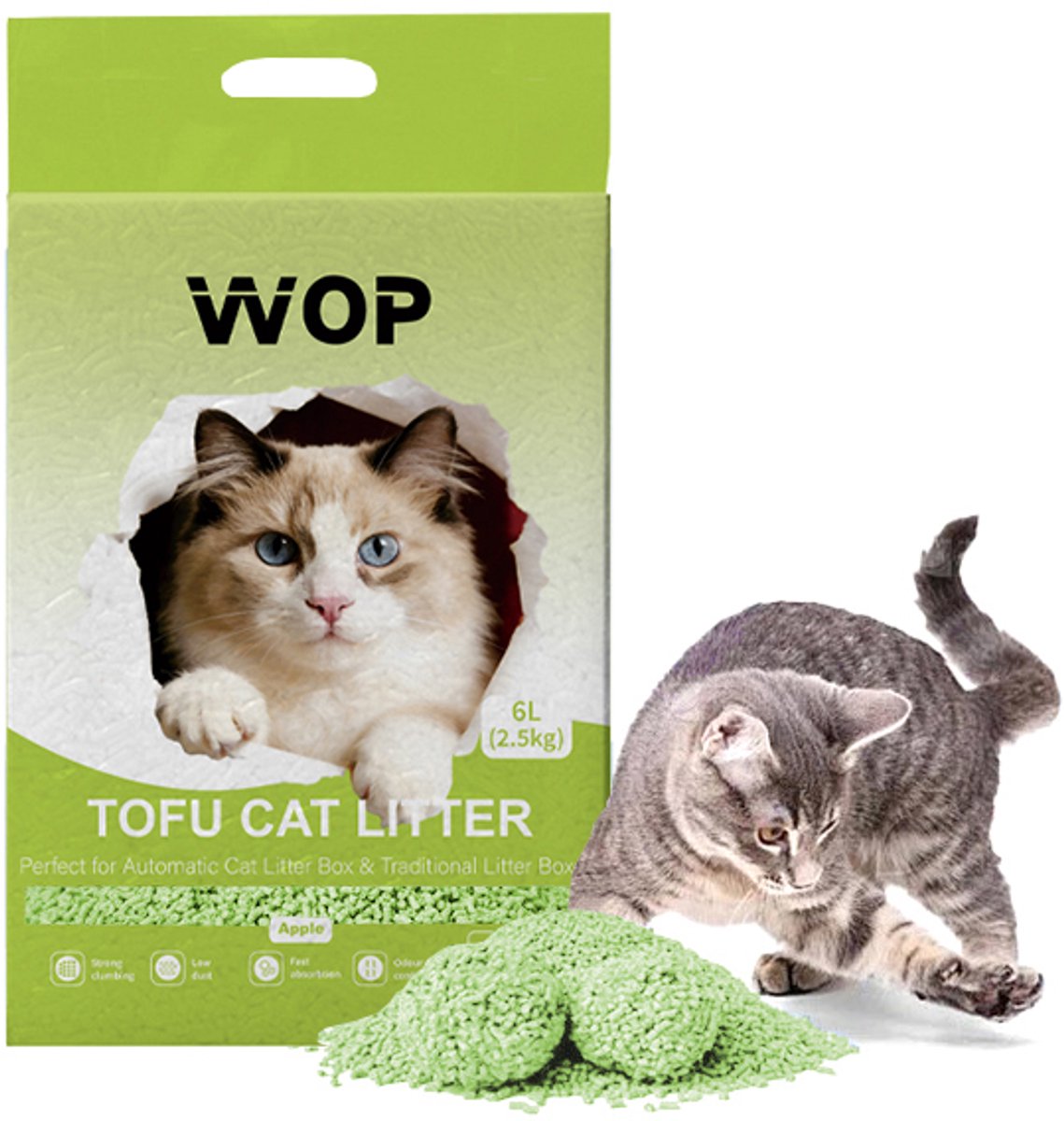 TOFU kattenbakvulling - Appel / Apple - WOP - Kattoilet - 6L - 2.5KG