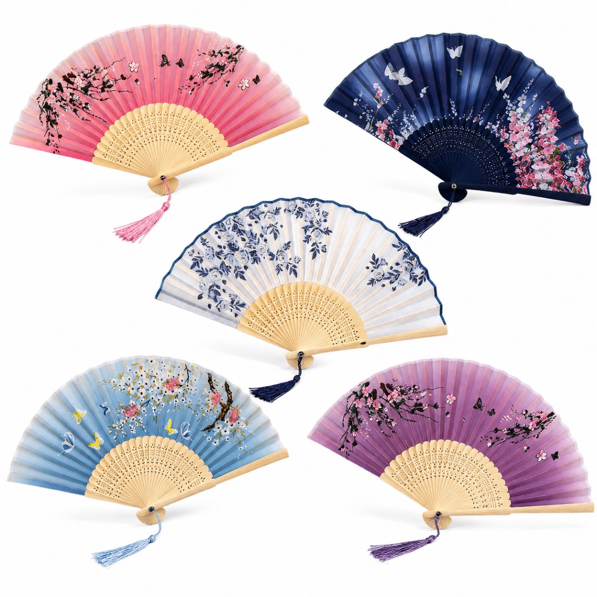 Set van 5 Handwaaiers - Bamboe Vouwwaaier met Kwastje 21cm - Luxe Spaanse Waaier voor Bruiloft, Festival en Feestdecoratie - Handige Verkoeling en Cosplay Accessoires - kleurrijk3
