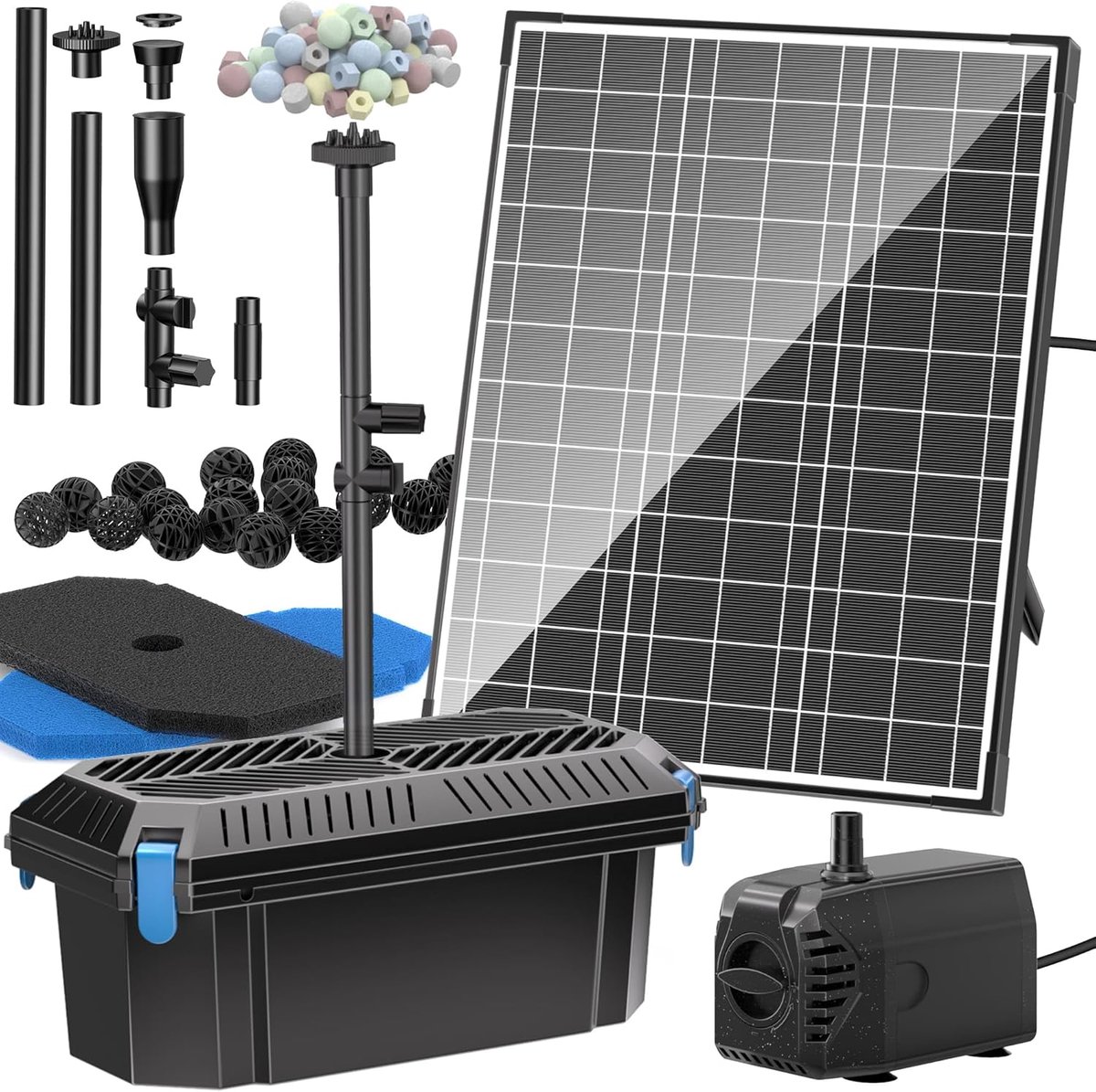 SnelShoppen - Solar Pond Filter Set 20W, 875 L/h, Waterpomp met 4 Nozzles en Vermogensregelaar, 5m Kabel voor Tuinvijver, Kleine Visvijver, Duurzaam e